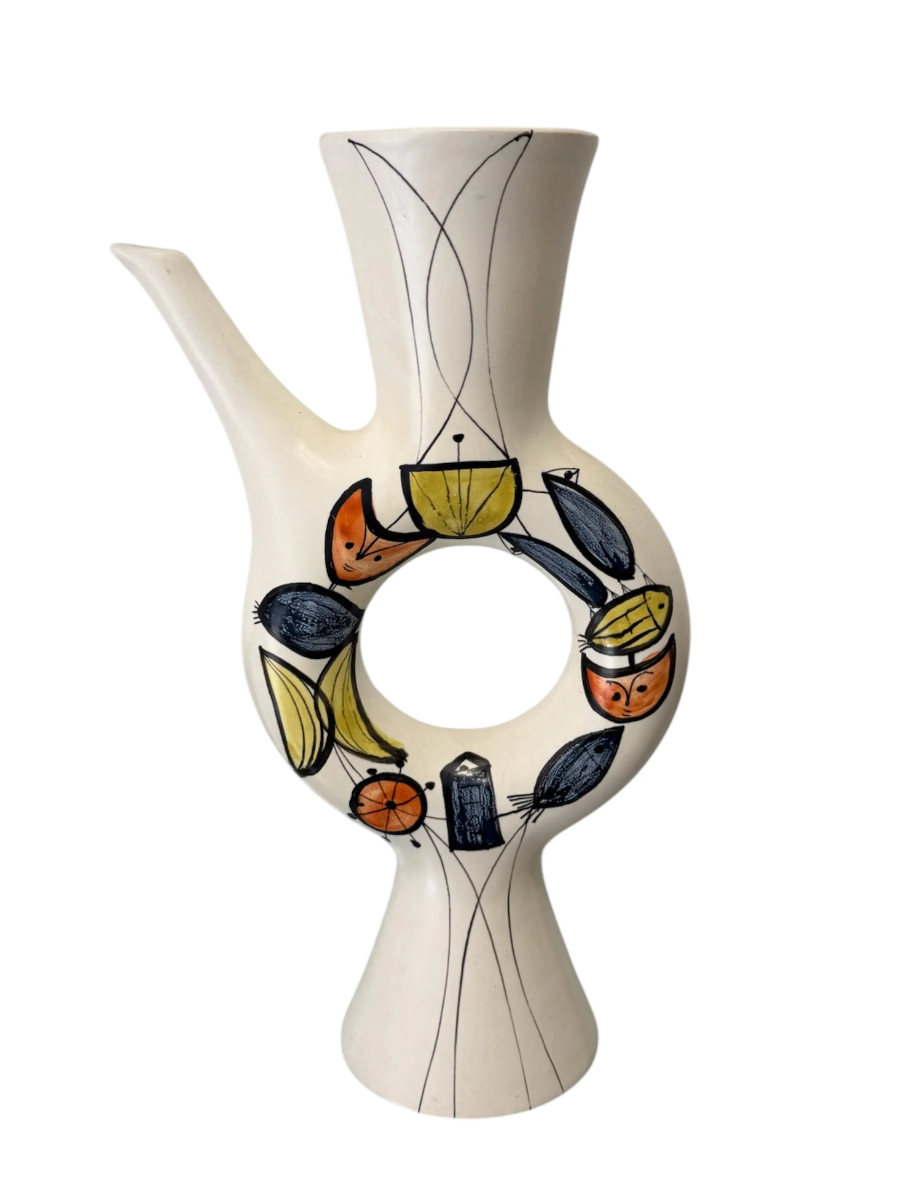 Vase pichet en céramique à décor de poissons, signé — Roger Capron