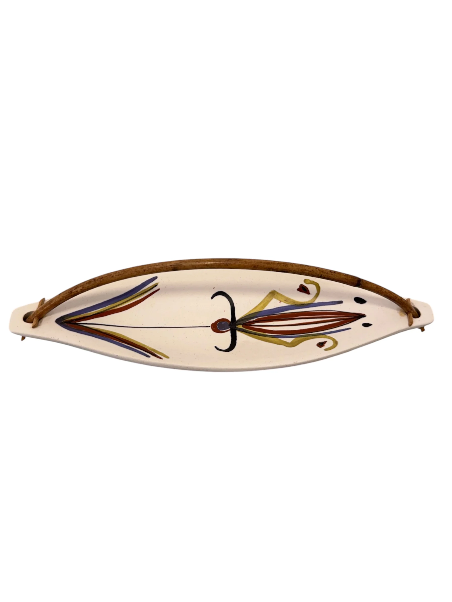 Coupe navette à décor bleu, jaune et marron, anse en bambou, signé — Roger Capron